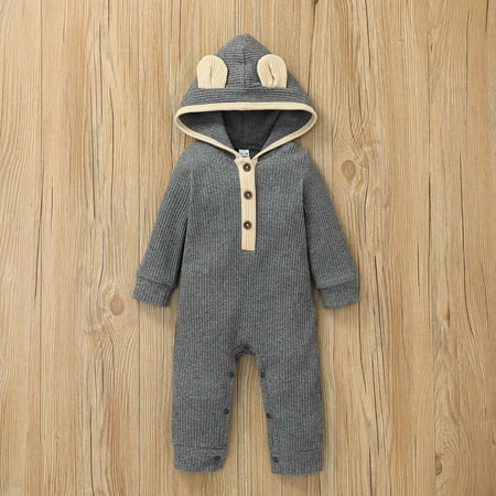 

Ribbed Hooded Jumpsuit for Newborn Baby Casual Long Sleeve Patchwork Button Romper Cute Cartoon Ear Comfy Solid Color Playsuit