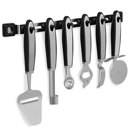 Internet’s Best Stainless Steel Cooking Gadget Set with Wall Mounted Rack | 7-Piece | Pizza Slicer, Peeler, Cheese Cutter, Corer, Bottle Opener, Melon Baller and Hanging