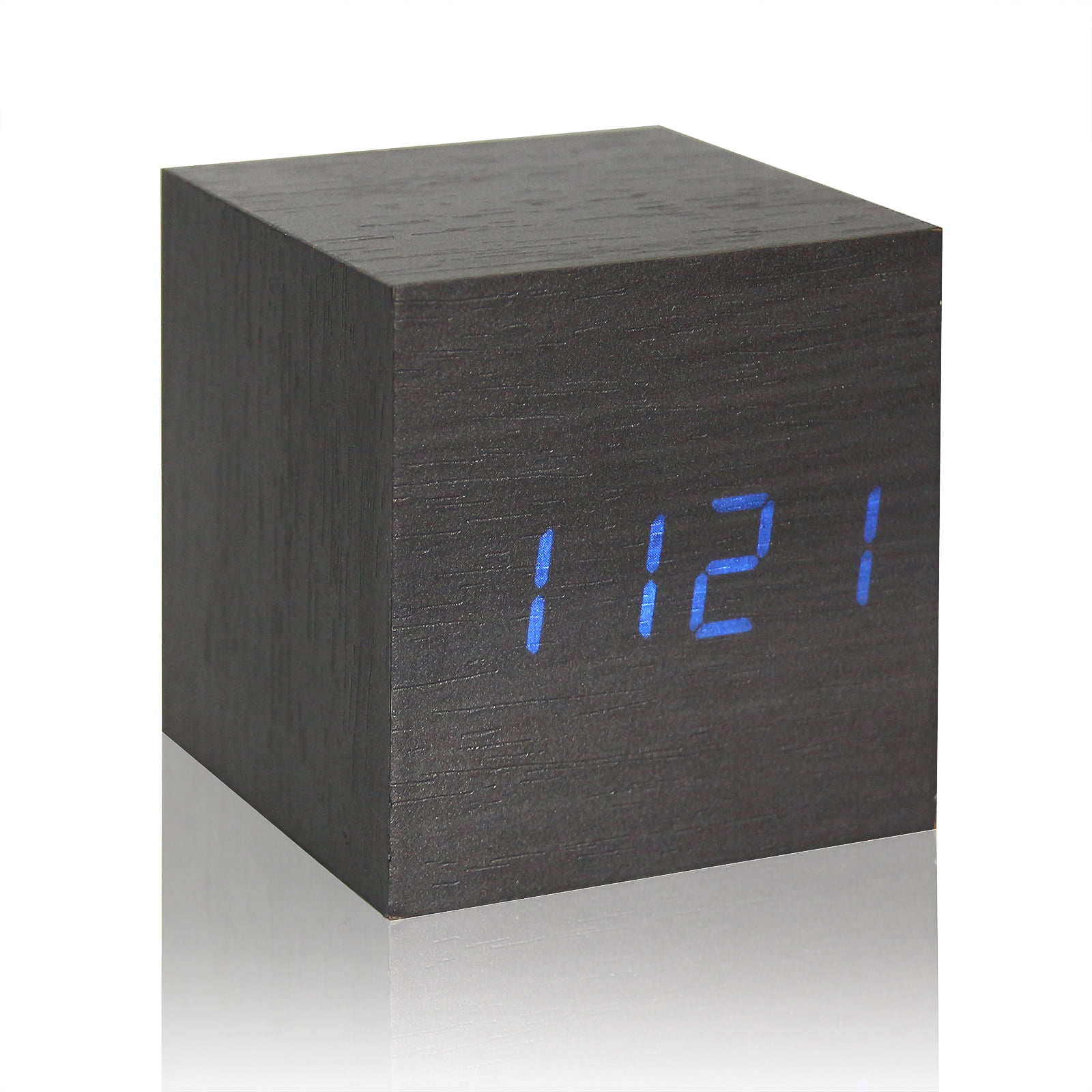 Unique Cube Wooden Wood Digital LED Desk Voice Control Alarm Clock Thermomet TC 