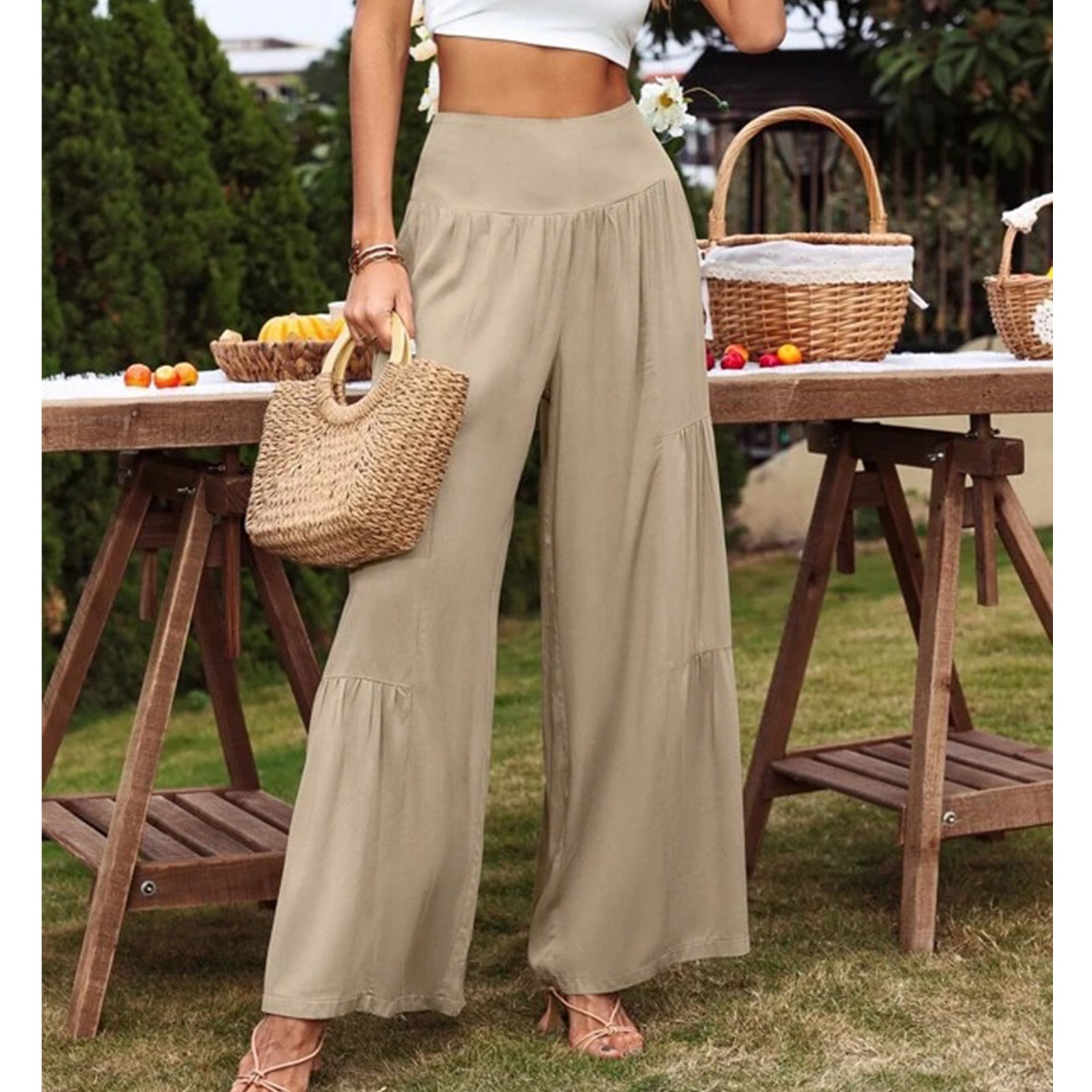 Palazzo Trousers Women Summer Casual Pleated High Waisted Wide Leg  Suspenders Trousers