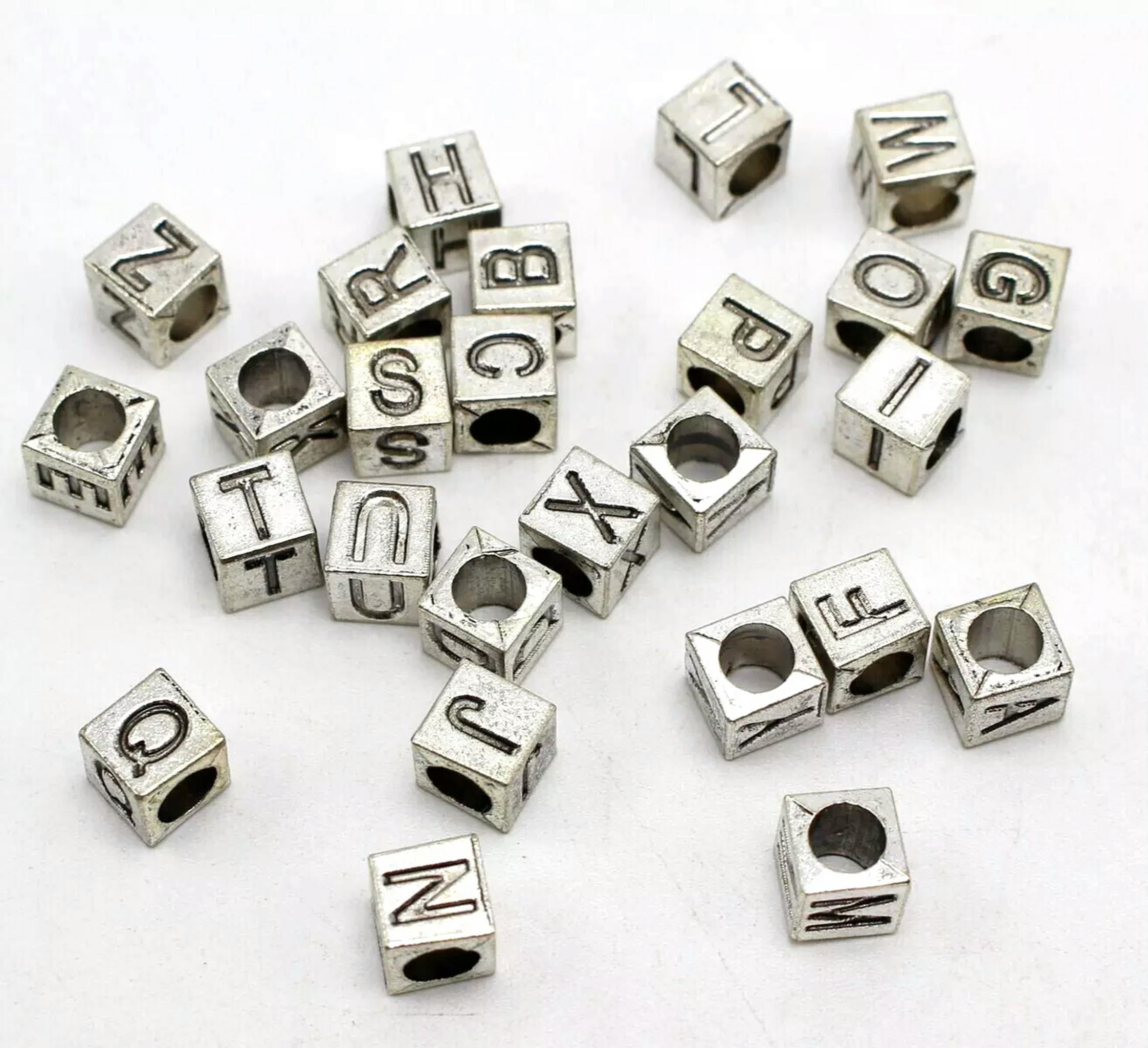 EOEMY 130 Silver Tone Alloy Alphabet Letter "A-Z" Cube Euro Beads 7X7mm Slide Charm