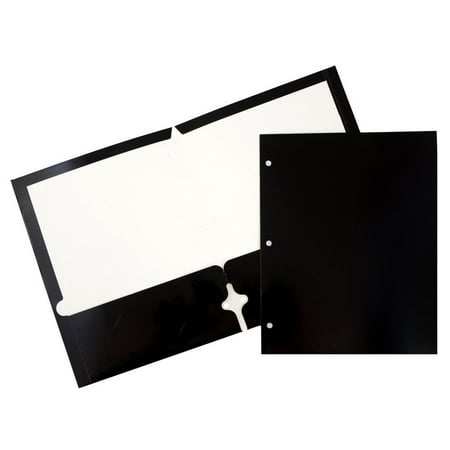 JAM Paper Glossy 3 Hole Punch Folders, Two Pocket, Black, 25/Pack