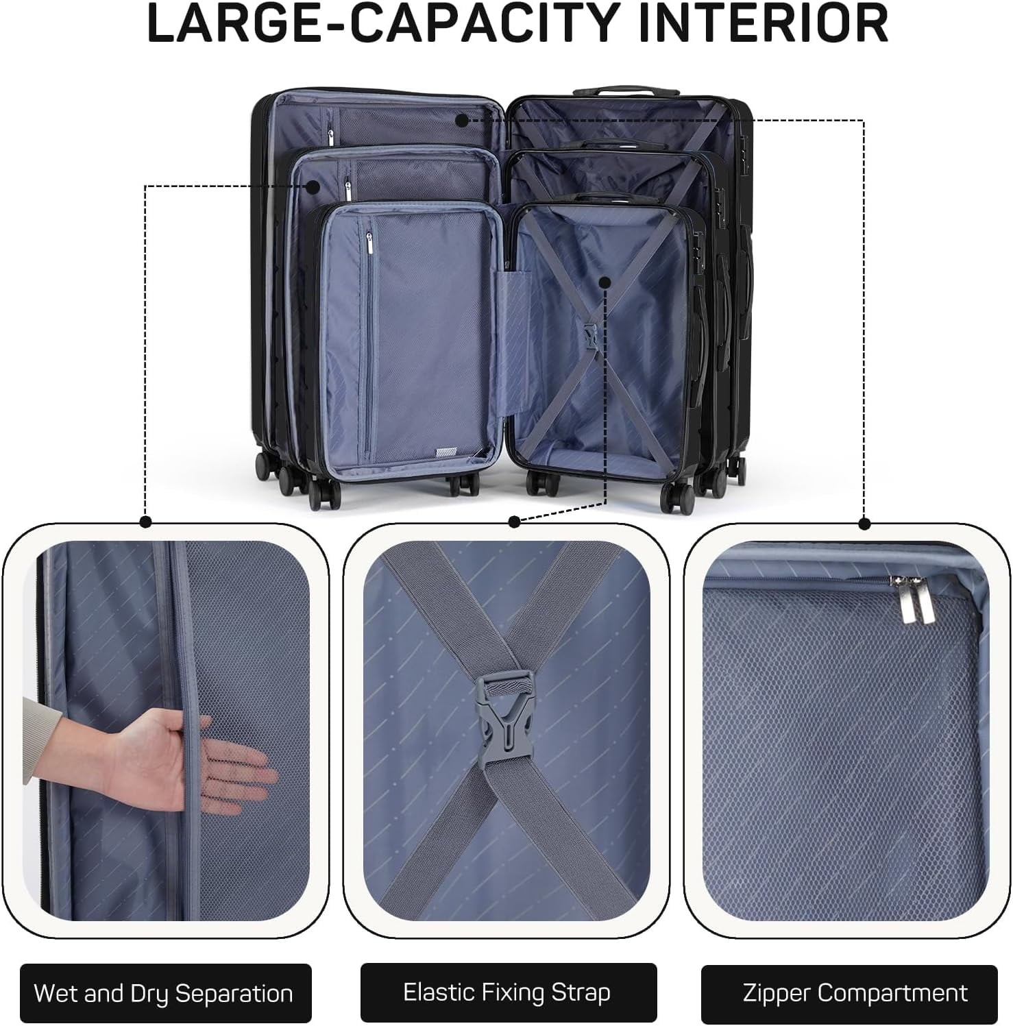 3-Piece Luggage Sets, Lightweight Hardside Suitcases with Spinner Wheels, Expandable Lightweight Rolling Suitcase Sets with TSA Lock, Black(20/24/28 Inch)