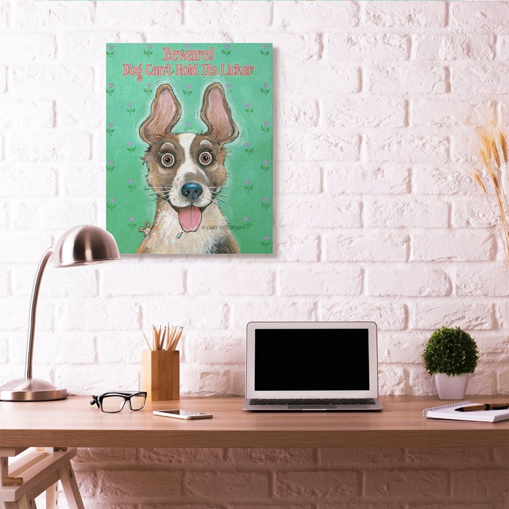 Beware Dog Can't Hold Its Licker Funny Cartoon Pet Design XXL Stretched Canvas Wall Art by Gary Patterson