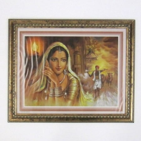 India Overseas Trading MR3302 - Painting With Frame And Glass Cover - Lady In Gold With Bracelets Man&Cows