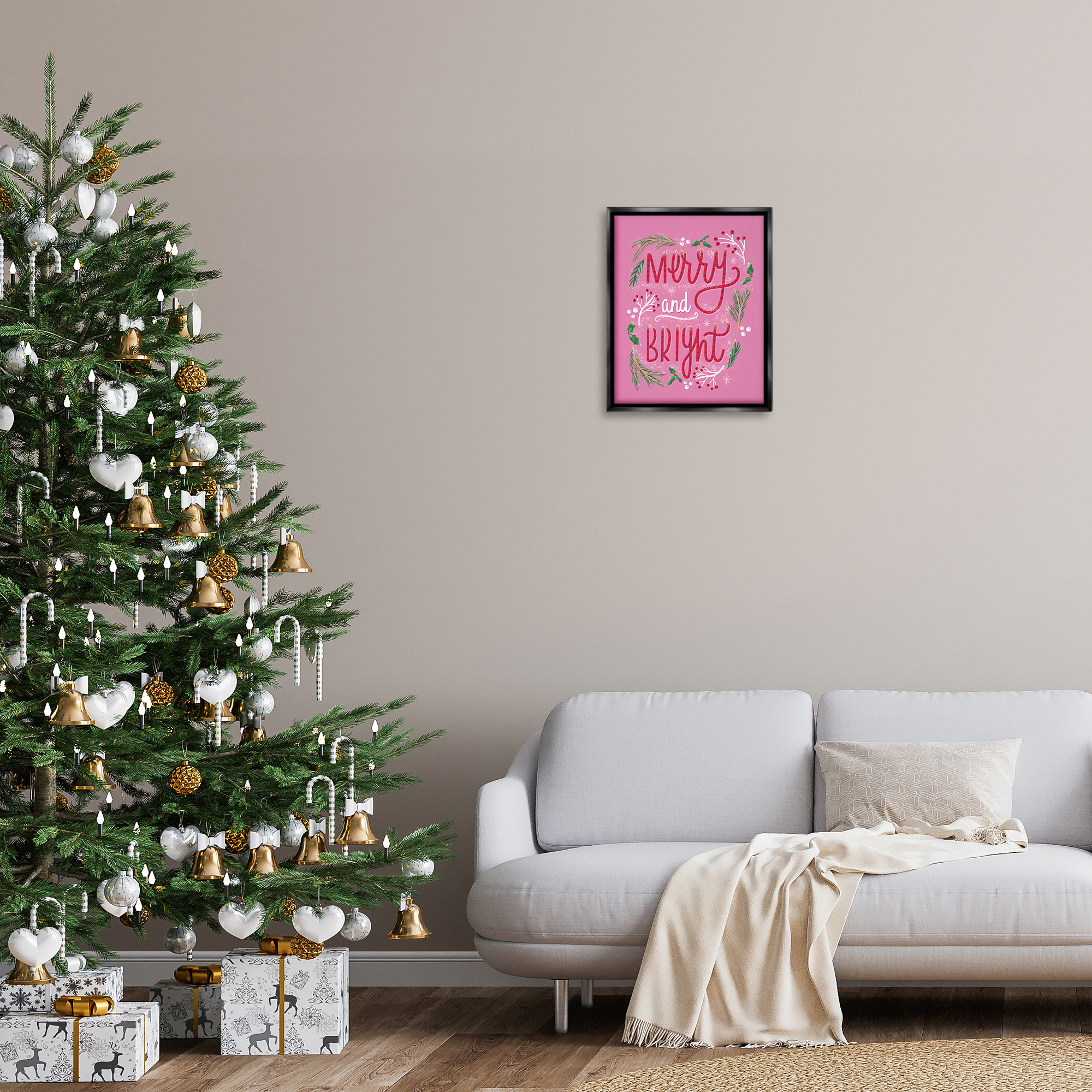 Stupell Industries Merry and Bright Pink Pine Holiday Painting Black Floater Framed Canvas Art Prints Wall Art, 17 x 21
