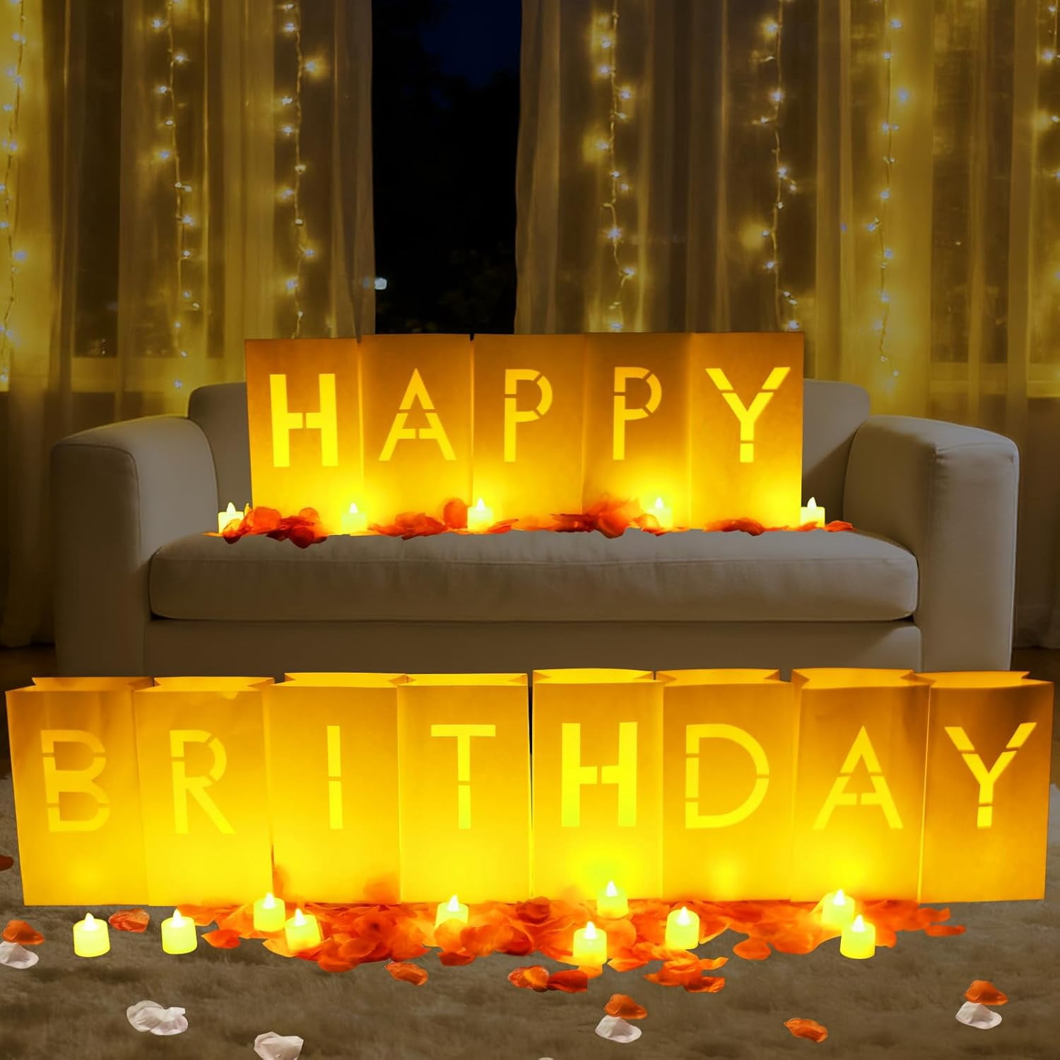 Happy Birthday Decorations for Men and Women Girls, Luminary Bags with Light Up Letters, Rose Petals and Candles Set, Happy Birthday Banner Sign for Party Decorations, Festival, Surprise Gifts Banner