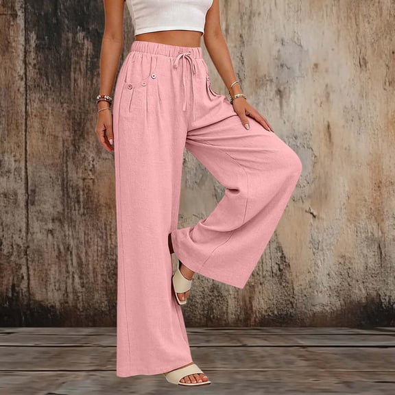 LEKWK Linen Pants Women High Waist Drawstring Wide Leg Pants Loose Fit Lounge Palazzo Pants with Pockets Summer Beach Travel Vacation Outfits