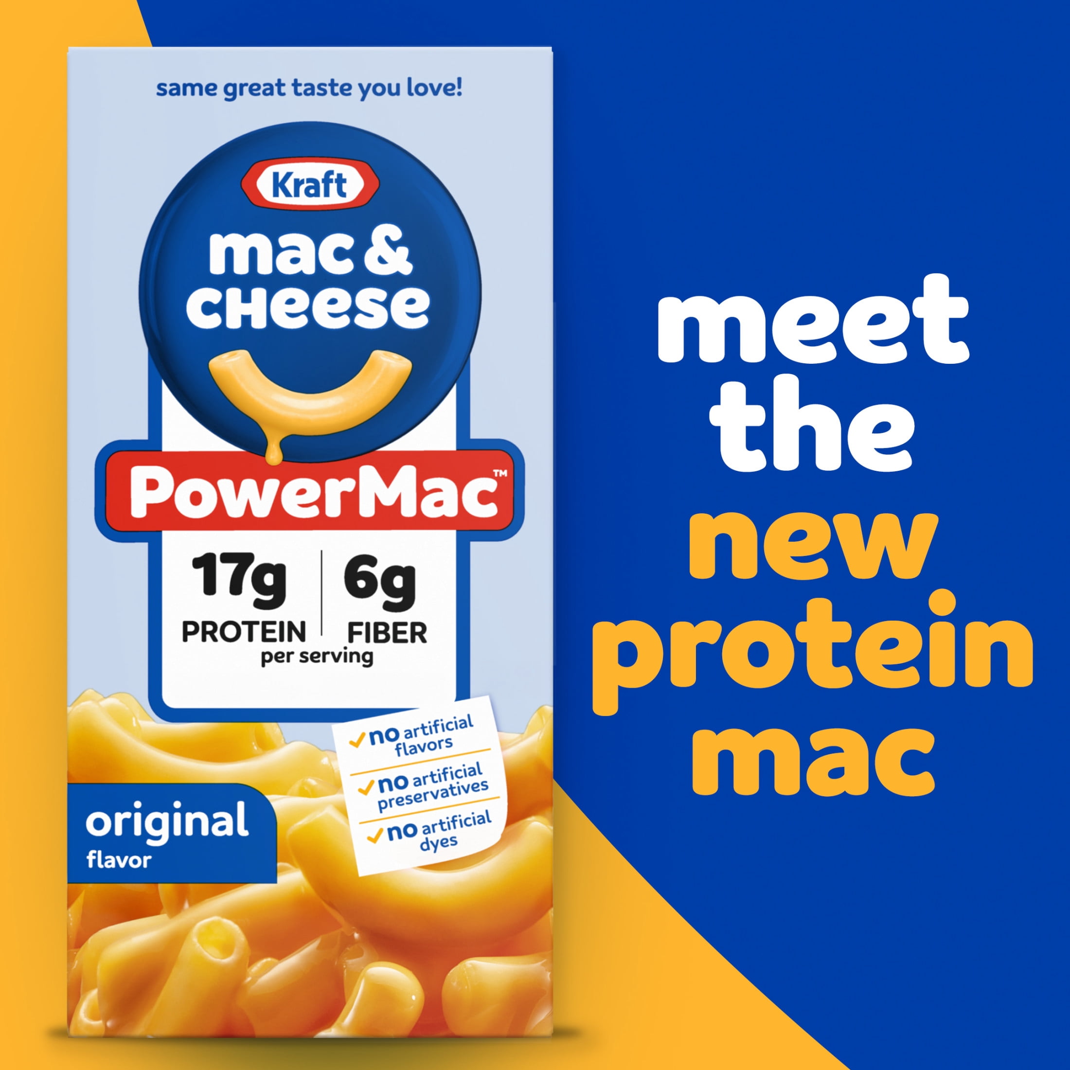 Kraft PowerMac Mac and Cheese, 1 Box, for Protein Easy Dinners or Dinner Sides, Original Flavor, 17g Protein and 6g of Fiber per Serving, No Artificial Flavors, Preservatives or Dyes, 7.25 oz