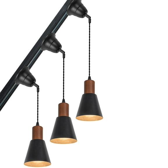 KAYYELAMP 3-Pack H-Type Track Lamp Black Mini Metal Shade Walnut Base Adjusted Cord Track Mount Pendant Light for Inclined Position Roof Room(No Bulb, Track)
