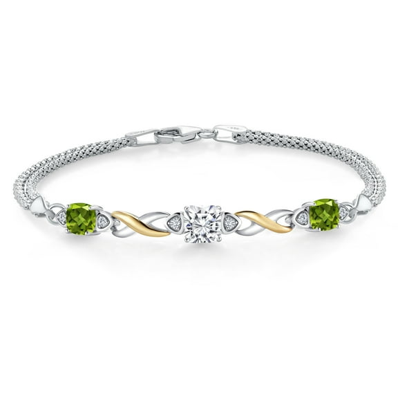 Gem Stone King 925 Silver and 10K Yellow Gold White Moissanite and Green Peridot and White Lab Grown Diamond Bracelet for Women (2.49 Cttw, Gemstone, Asscher Cut 6MM, 6.5 inches, Made in Italy)