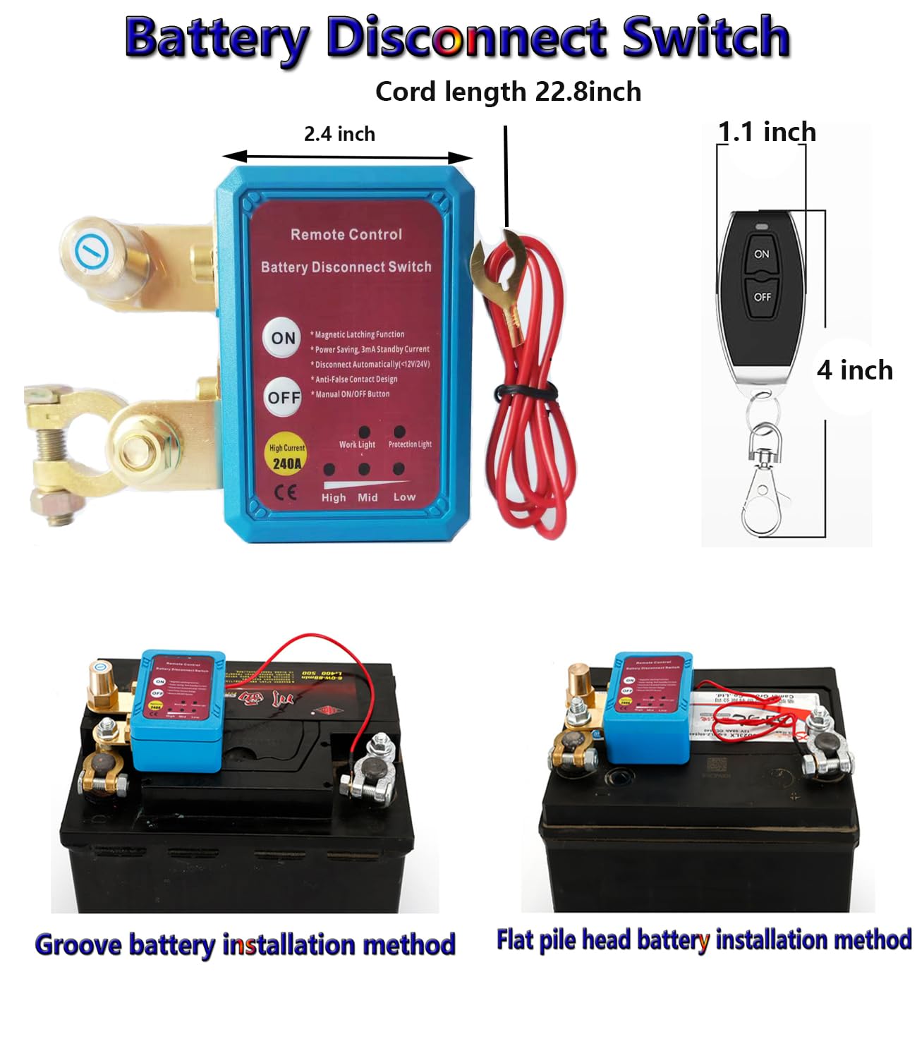 Remote Control of Car Devices for Anti-Theft Safety, 12V 240A Car Battery Kill Switch, Remote Battery Disconnect Cut Off Switch for Auto RV Truck Boat Anti Theft