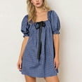 thumbnail image 2 of Htigea Short Plaid Dress for Women Cute Puff Sleeve Square Neck Bow Dresses Summer Casual Babydoll Mini Dress Blue M, 2 of 7