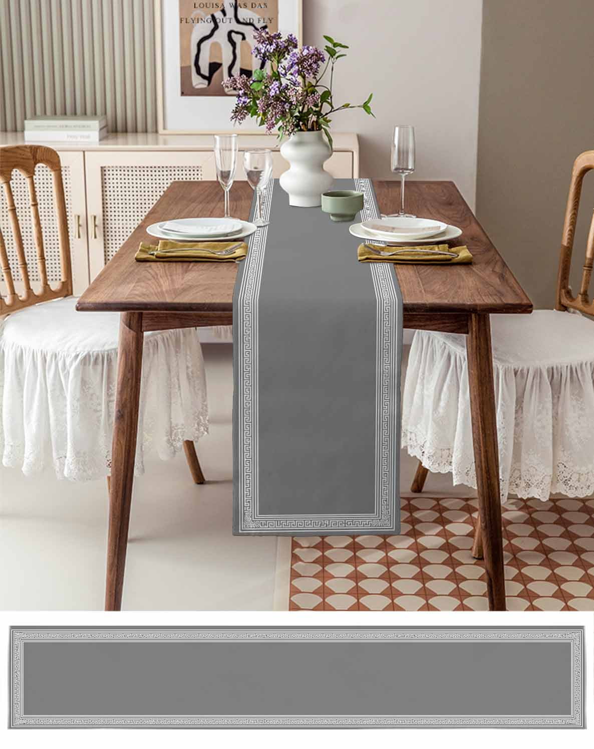 Grey White Geometric Burlap Cotton Table Runner 13x90 Inches Long, Country Greece Key Art Farmhouse Table Runners, Outdoor Dining Tablecloths Decor for Baby Shower/Party/Wedding