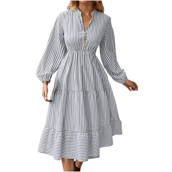 BangWanChi Fall Dresses for Women 2024 Casual Ladies Striped Commuting Casual Long Sleeved Elastic Waistband V-neck Dress