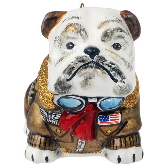 Bulldog in Vintage Bomber Jacket Polish Glass Christmas Ornament