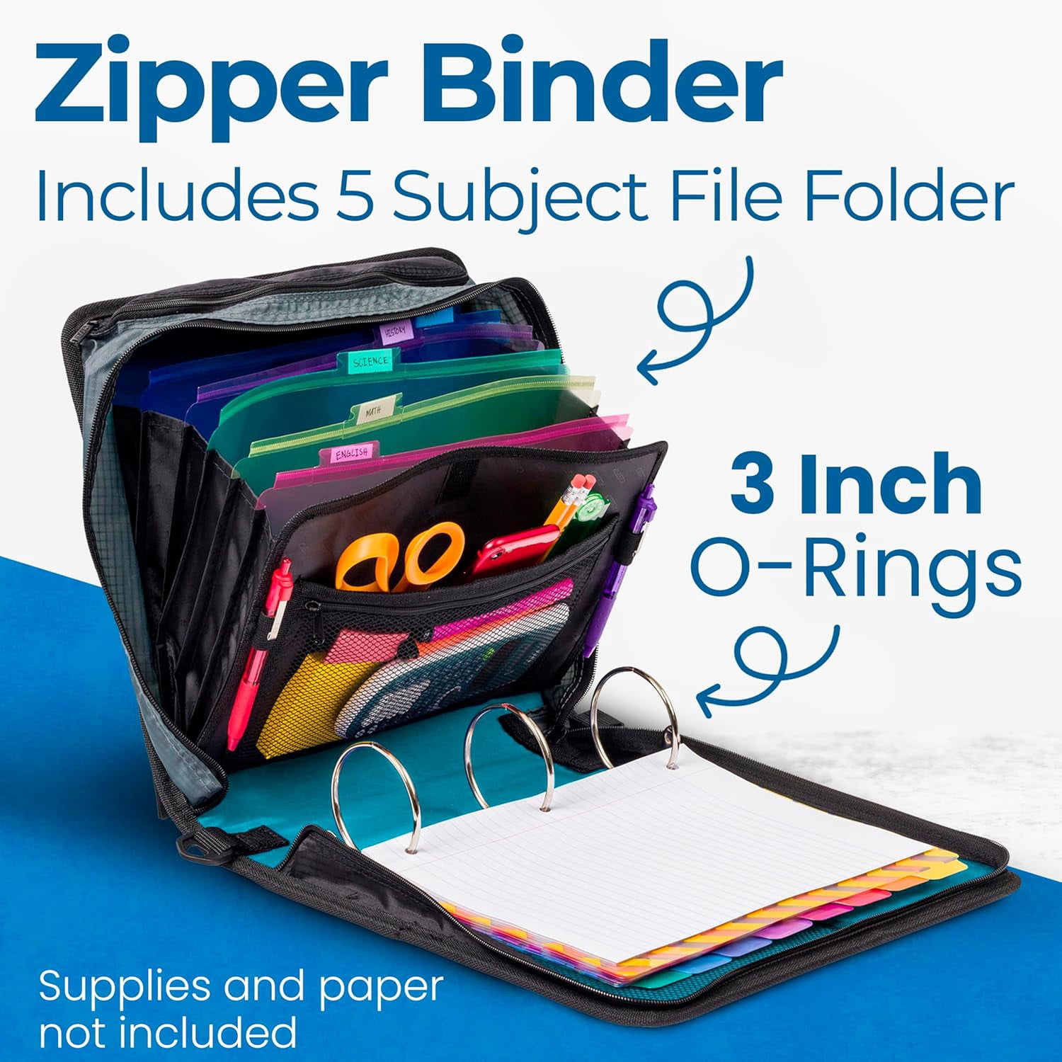 Case-it The Mighty Zip Tab Zipper Binder - 3 Inch O-Rings - 5 Color Tab Expanding File Folder - Multiple Pockets - 600 Sheet Capacity - Comes with Shoulder Strap - Aqua Marine D-146