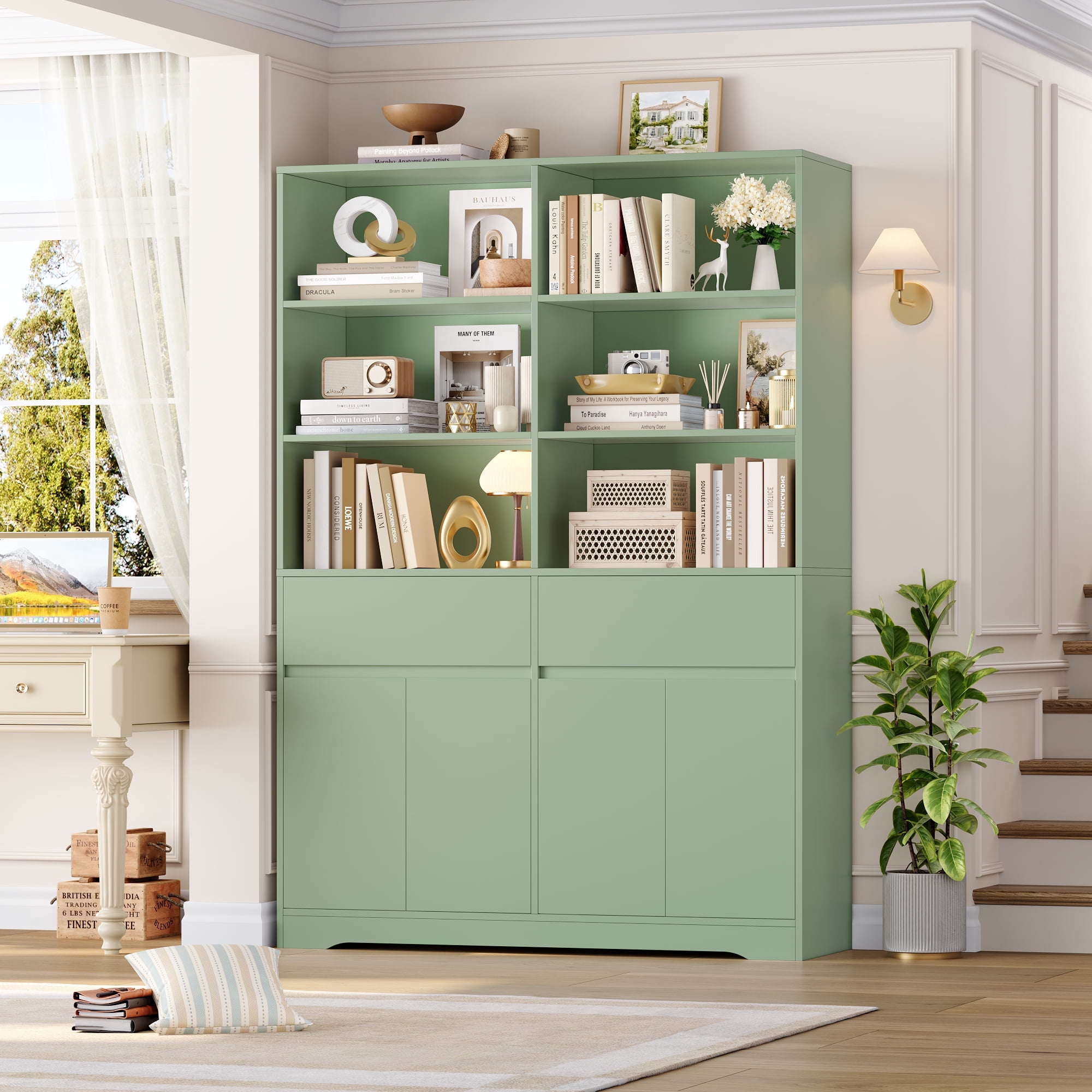 Hiphuta 69"H Modern Bookcases with Doors & Drawers, Large Wooden Display Shelf for Home Office, Wooden Storage Bookshelf for Living Room, Green