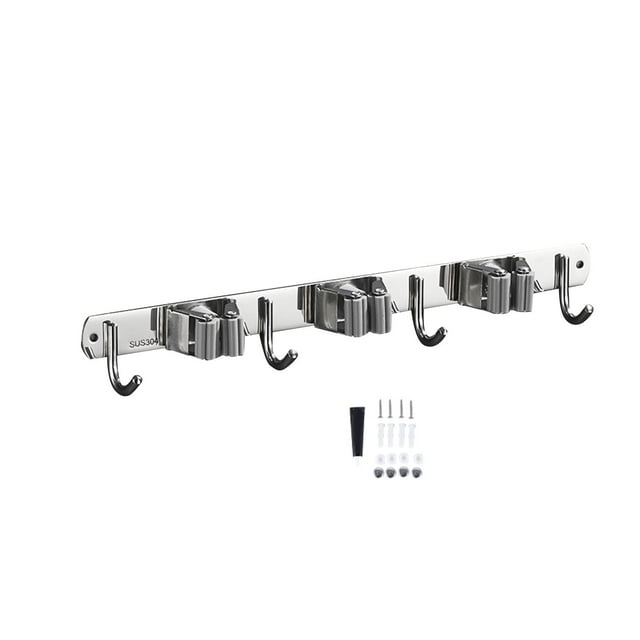 Soporte para escoba y fregona, soporte de pared para escoba, ahorro de espacio, antideslizante, resistente, organizador de escobas resistente para 3 clips 4 ganchos