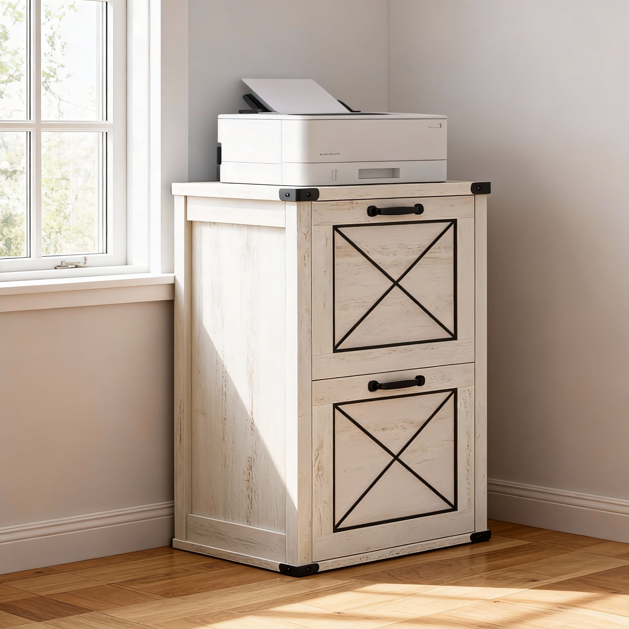 LEDREM 2-Drawer File Cabinet with Hanging File Folders, Modern Farmhouse Office Cabinet and Printer Stand, Fits A4 & Letter Size, Rustic White