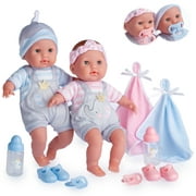 JC Toys Berenguer Boutique Twins 15" Soft Body Baby Dolls - Open/Close Eyes - Gift Set