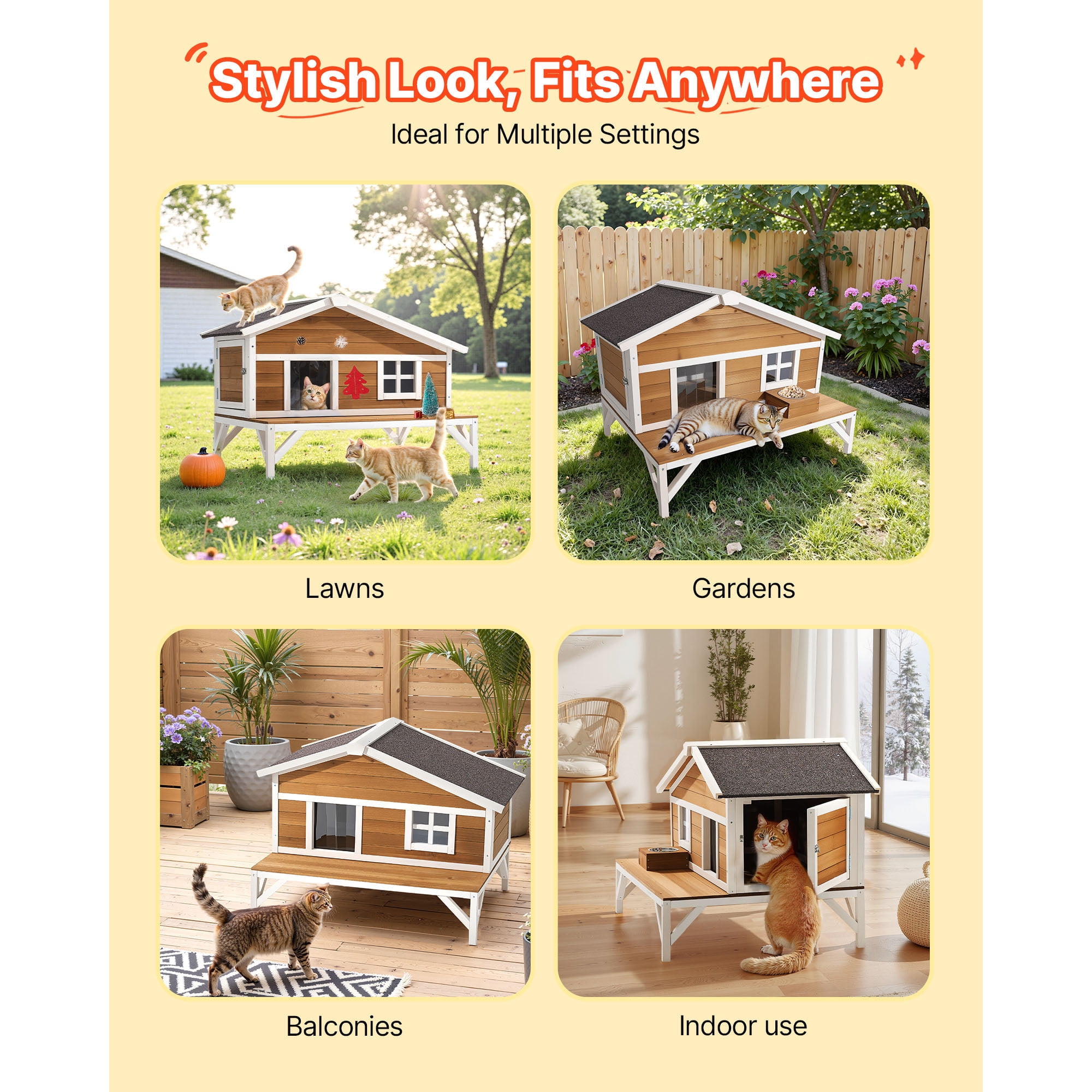 KFFKFF Insulated Wooden Cat House for Outdoor & Indoor Cats – 31‑Inch Weather‑Resistant Shelter,&nbsp; Spacious Platform,Brown