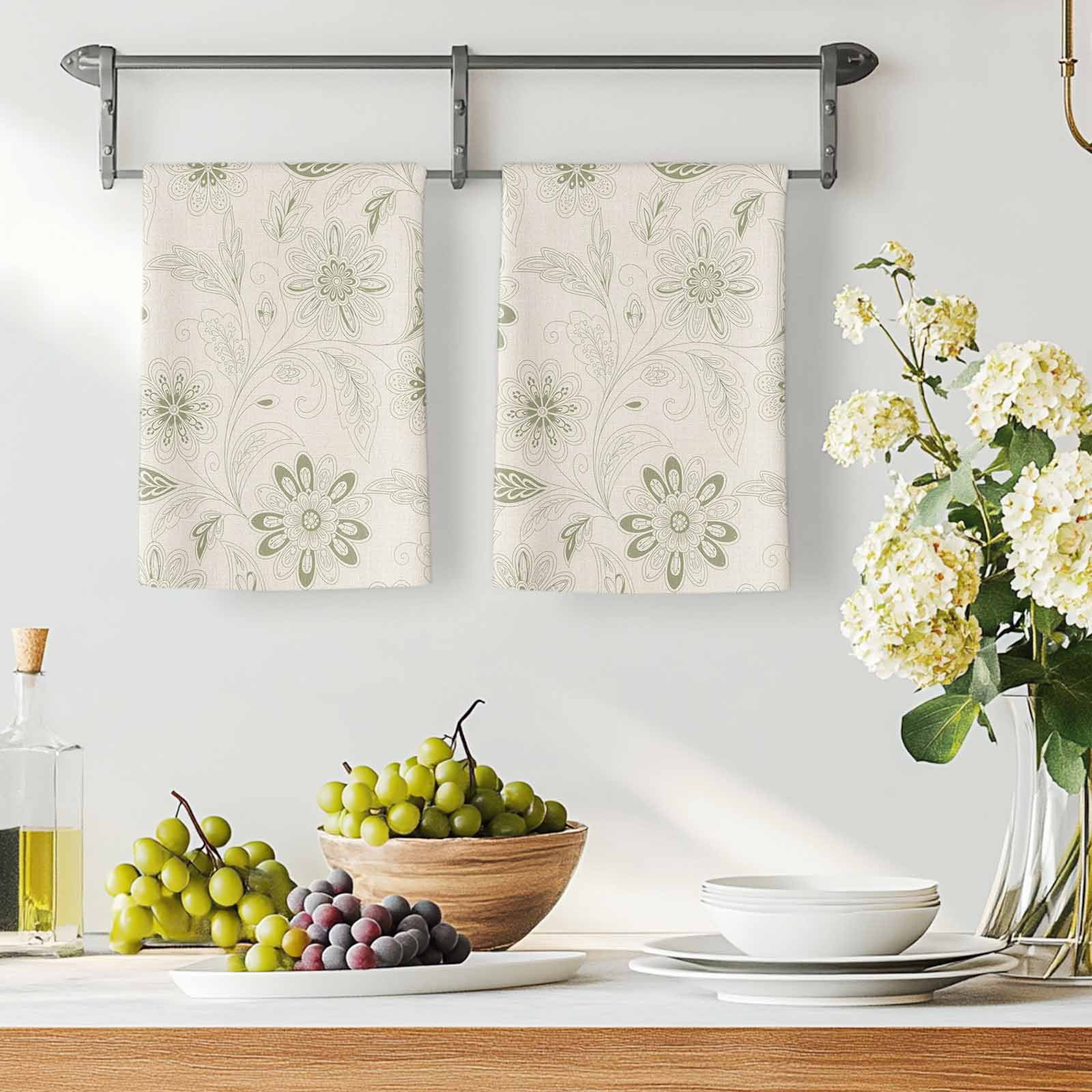 Dish Towels, Sage Green Paisley Pattern Absorbent Kitchen Towels 2 PCS, Boho Tribal Vintage Flowers Microfiber Hand Towels Dish Cloths Tea Towels for Home&nbsp;Bathroom Cleaning Drying,18X28-Inch,