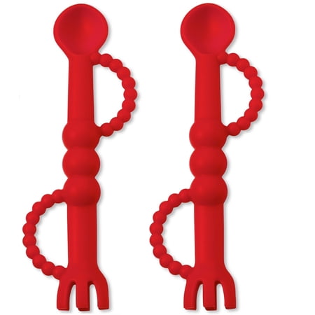 Cute Baby Sili-Spork Cutlery and Teething Set- 2 Pack- Reusable Safety Spoon and Fork for Infant Toddler Boys and Girls- Feeding Utensil Self Eating Training-Non-Toxic BPA Latex-Free Silicone