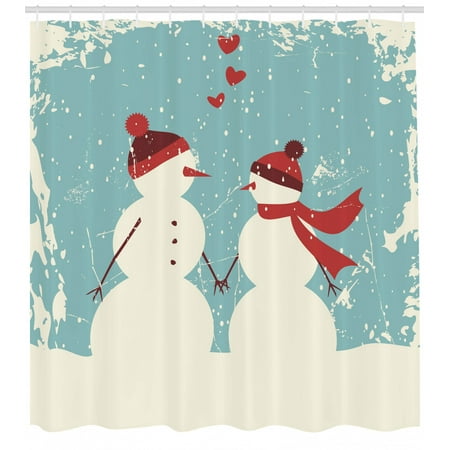 Christmas Shower Curtain Snowman And Woman Romantic Couple In