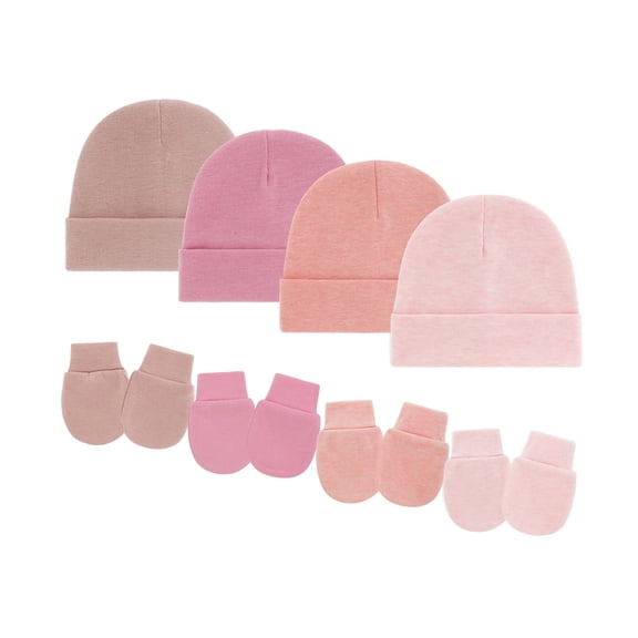 Set of 4 Infant Hospital Hat and Gloves Comfortable Fit Stretchy Cotton Bonnet Cap Keeps Baby Warm Cosy Unisex Design
