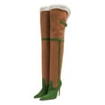 thumbnail image 2 of YDN Women Pointed Toe Two Tone Thigh High Boots Pull On Buckle Stiletto High Heels Winter Dressy Party Long Boots Size 16 Green Brown, 2 of 4