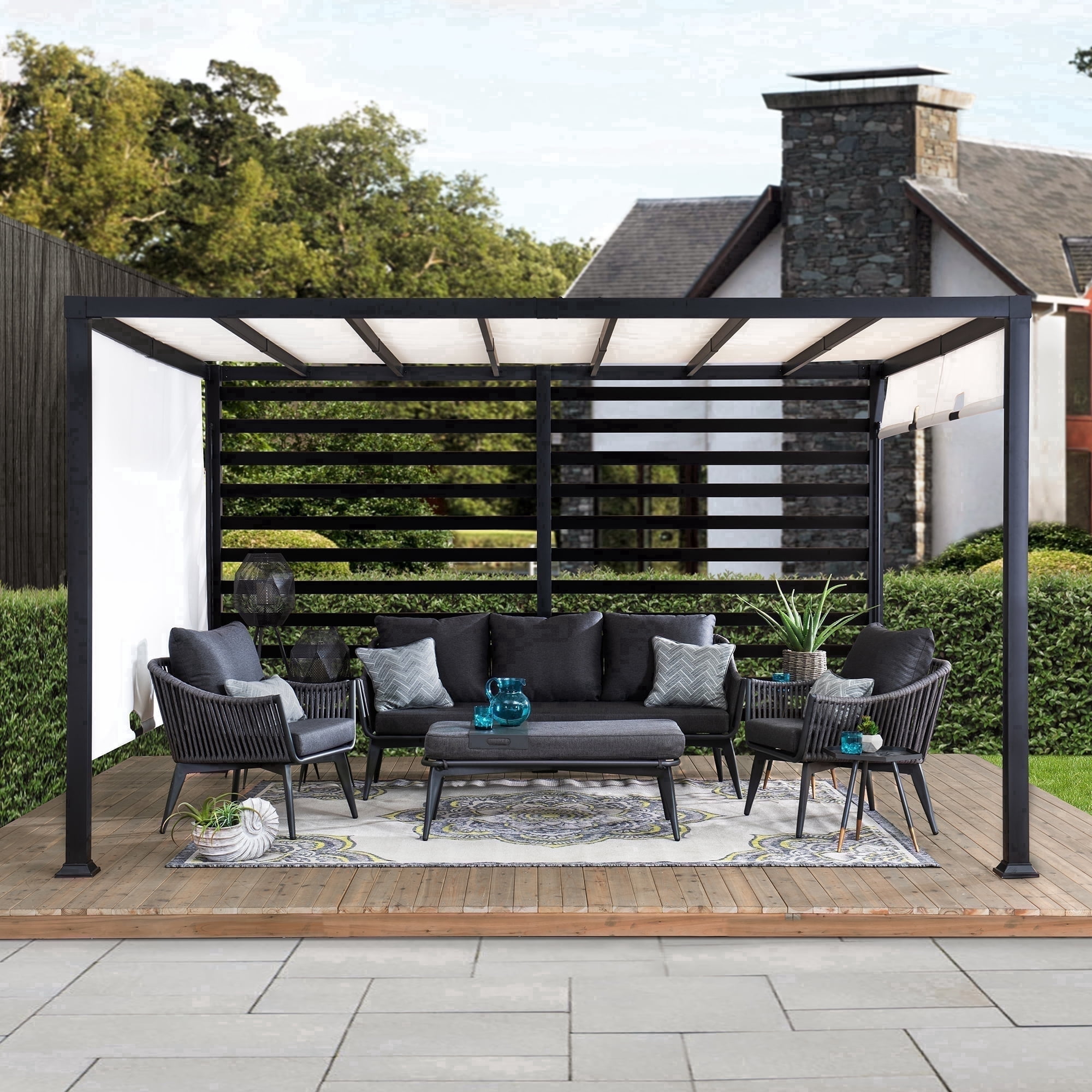 SUNJOY 10' x 12' Metal Outdoor Pergola with White Adjustable Shade Heavy-Duty Steel Slat, Textilene Fabric, Pergola Canopy for Patio Metal, Porch, Garden, Yard