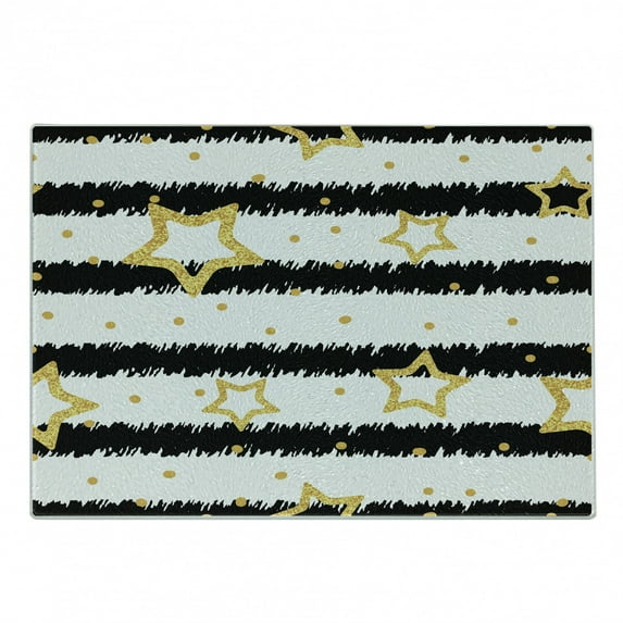 Star Cutting Board, Stars and Dots with Digital Effect on Striped Pattern Celebration Theme Party, Decorative Tempered Glass Cutting and Serving Board, Small Size, Black White Yellow, by Ambesonne