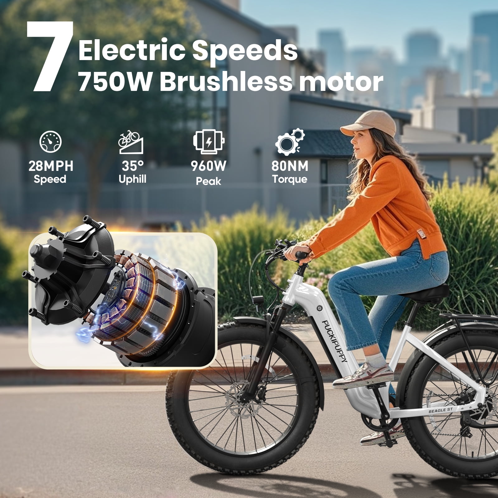 PUCKIPUPPY 960W Peak Electric Bike for Adults Step Through E-Bike 28mph Max Speed 60Miles Range 26" Fat Tire Electric Mountain Bike 48V 15AH Battery 7 Speed off-Road Ebike, Comply with UL2849 By SGS