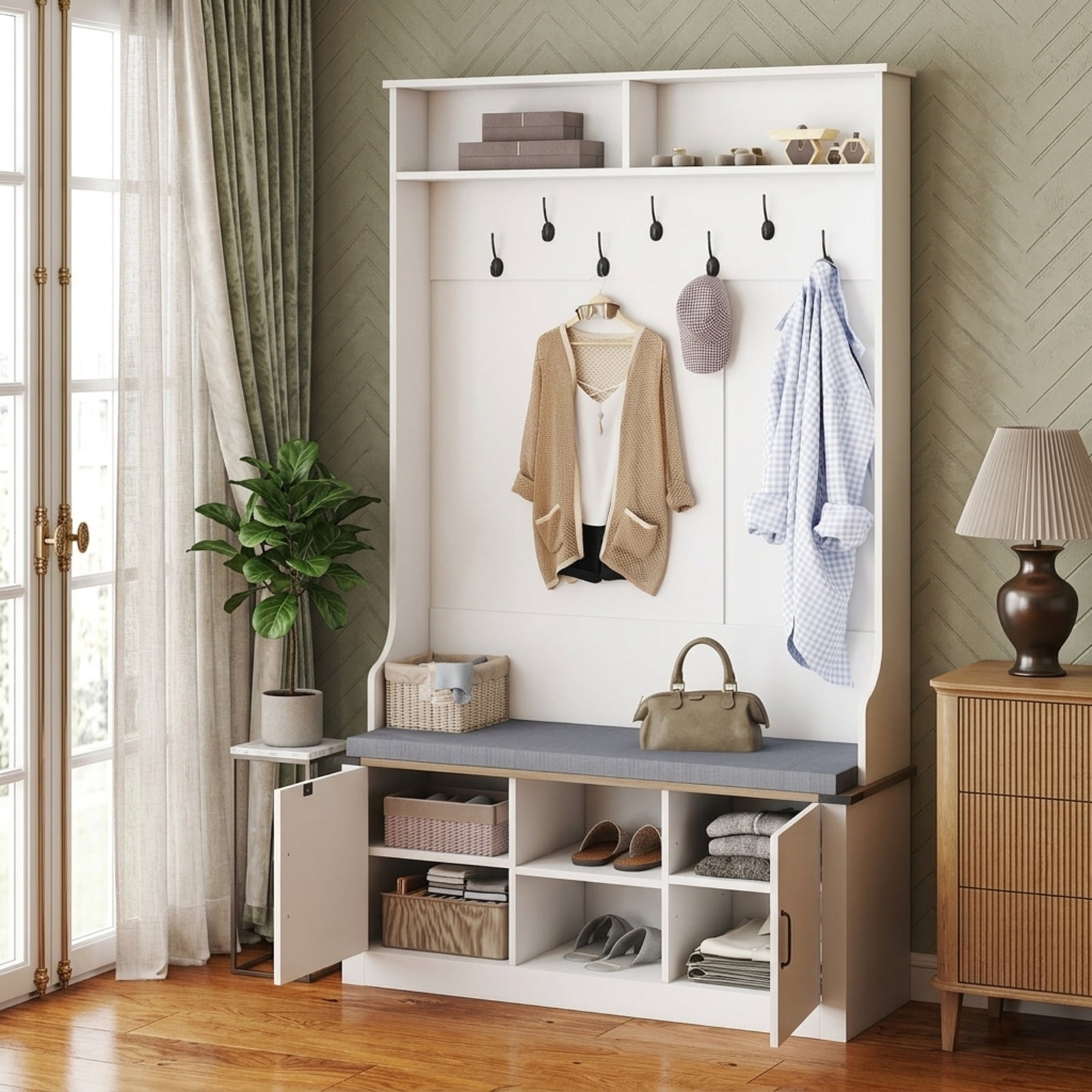 Furnibear 4-in-1 68.5 Inch Freestanding Hall Tree Coat and Hat Rack with 7 Metal Hooks Cushioned Storage Bench and Shoe Cabinet for Entryway, White