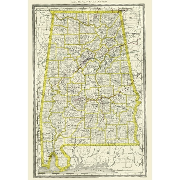 Historic State Map - Alabama - Rand McNally 1890 - Vintage Wall Art