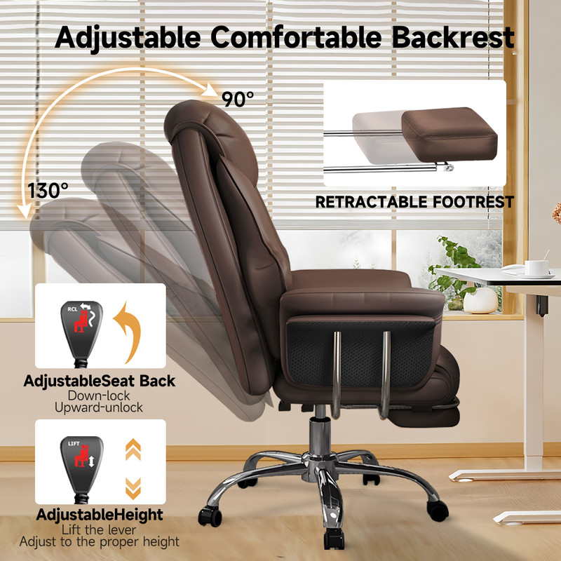 XUEGW Heavy-Duty 550 lbs Big and Tall Office Chair, Wide Seat Leather Ergonomic Executive Desk Chair with Leg Rest, Adjustable Height Computer Gaming Chair, Brown