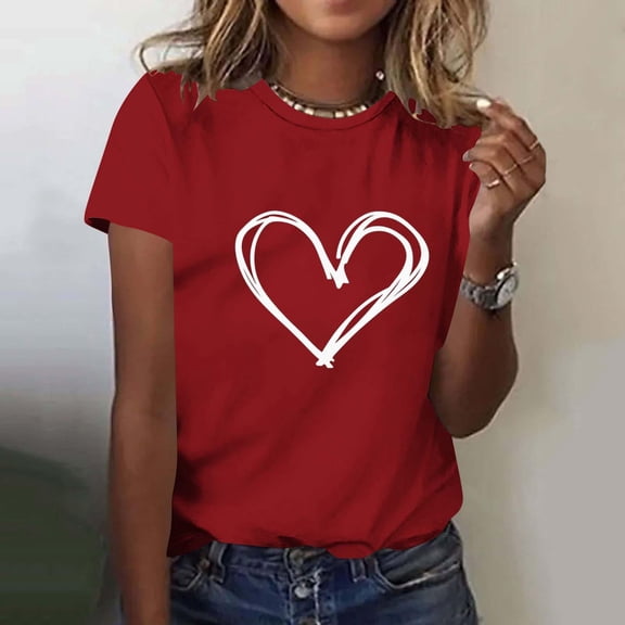 YueHuiYing Women's Valentine's Day Cartoon Heart Print Short Sleeve Round Neck Top Cute Graphic Tees T-Shirt
