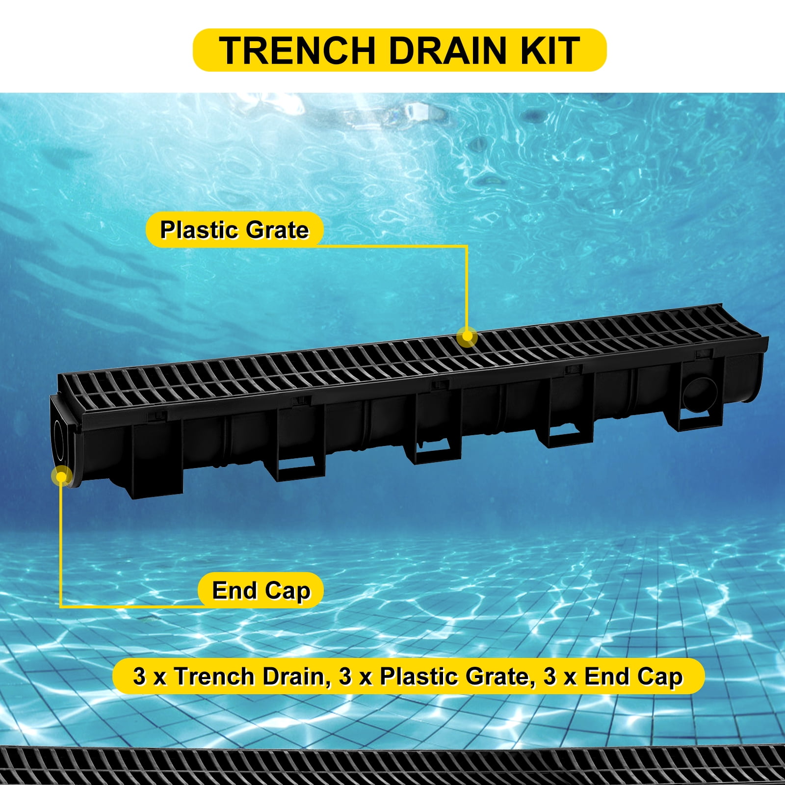 VEVOR Plastic Trench Channel Drain Kit Black Grate Driveway Drainage 5.8"x5.2'' 
