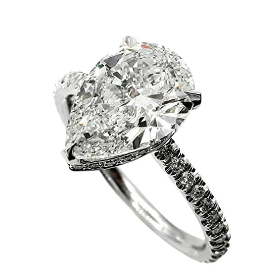 HeartsAndYou 4ct Pear Cut Moissanite Hidden Halo Solitaire Ring 18k White Gold over Silver Round Accent