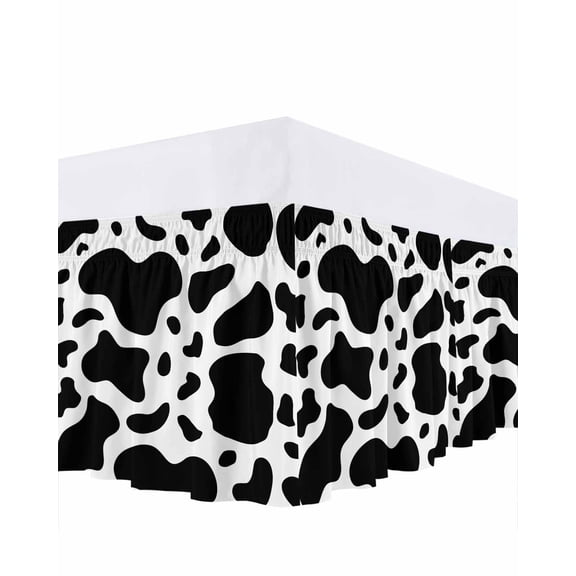 Black and White Bed Skirt King Size, Farmhouse Cow Black White Wrap Around Bed Skirting with Adjustable Elastic Strap, Dust Ruffled Pleated Bedskirts 18 Inch Drop for Bedroom King Beds