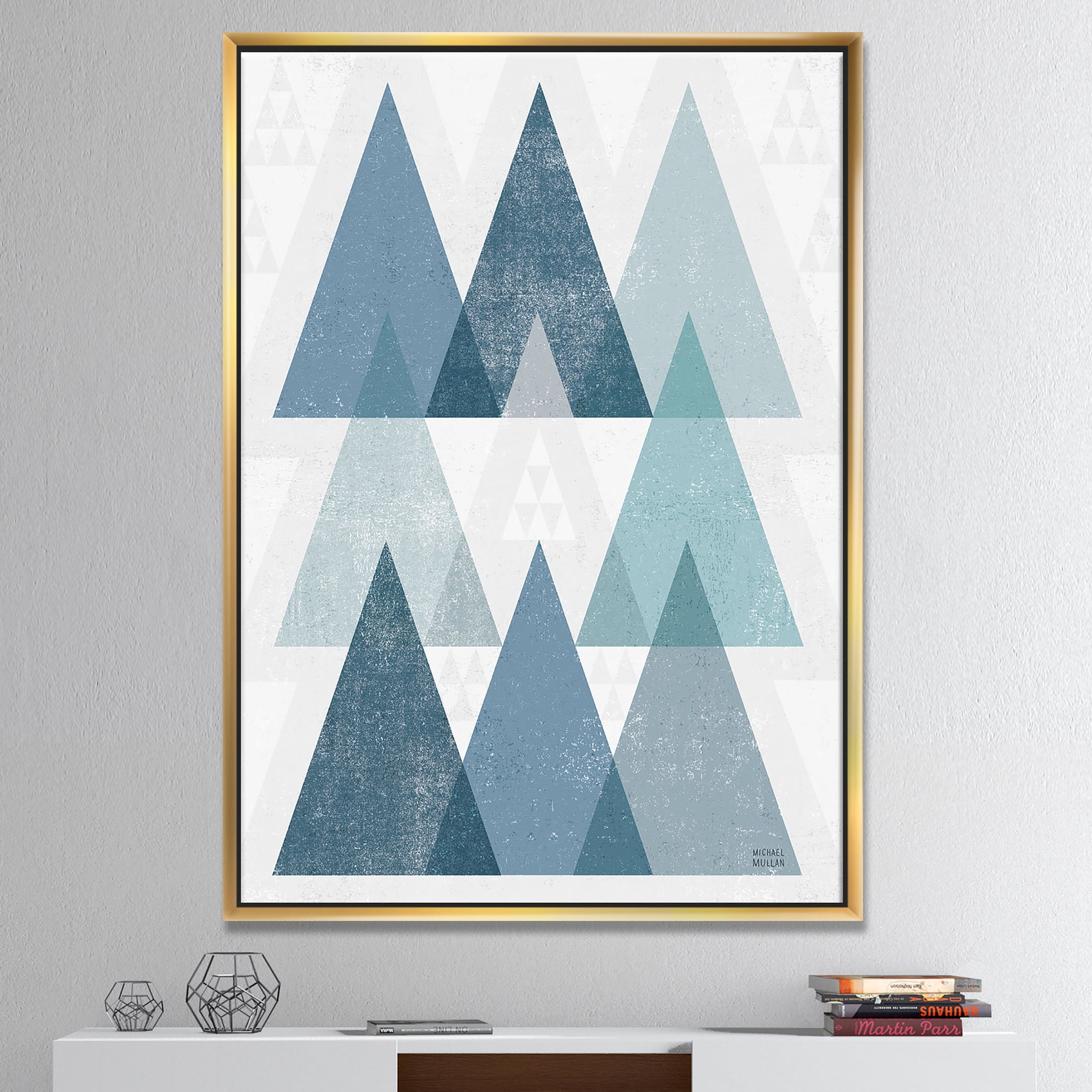 arts-4　e⑥ Designart ' minimal Triangles IV Blue ' MidCentury Modern Framed