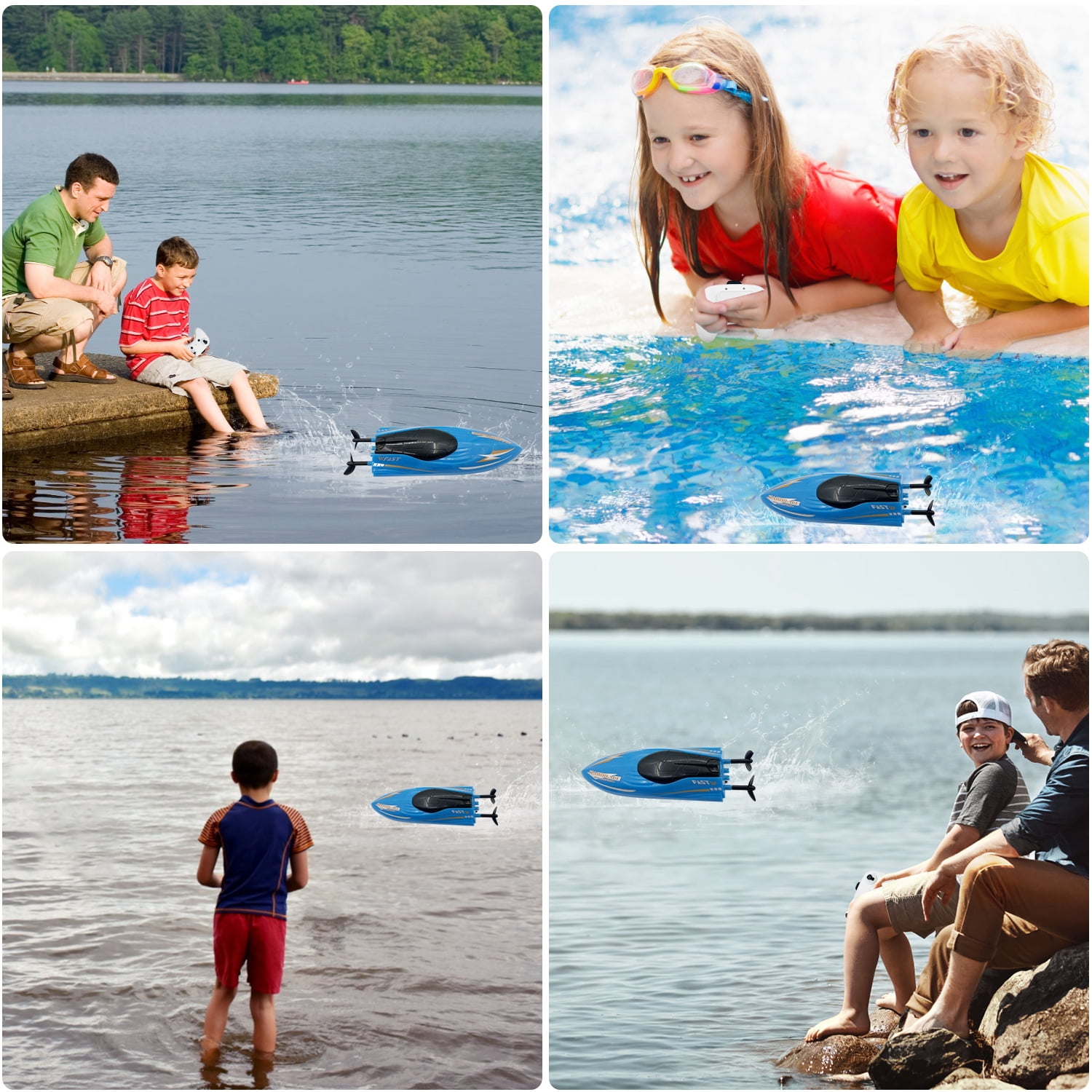 Syenll RC Boat with LED Light, Remote Control Boat for Pools, 3 Rechargeable Battery, Water Pool Toys for Boys Girls, Blue