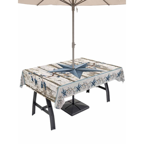Outdoor Tablecloths with Umbrella Hole & Zipper, Texas Star Navy Blue 60 x102 Inch Rectangle Tablecloths, Farmhouse Vintage Art Wooden Waterproof Table Cloth, Patio/Pool/Picnic Table Covers