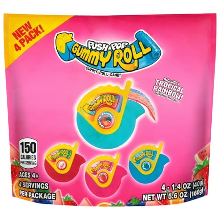 Push Pop Assorted Fruit Flavored Gummy Roll Candy, Variety Pack 5.6oz Bag, 4 - 1.4 oz Gummy Rolls