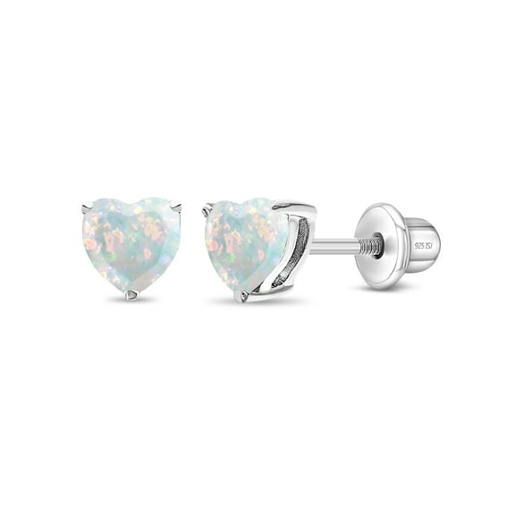 Opal Heart Kids / Children's / Girls Earrings Screw Back - Sterling Silver