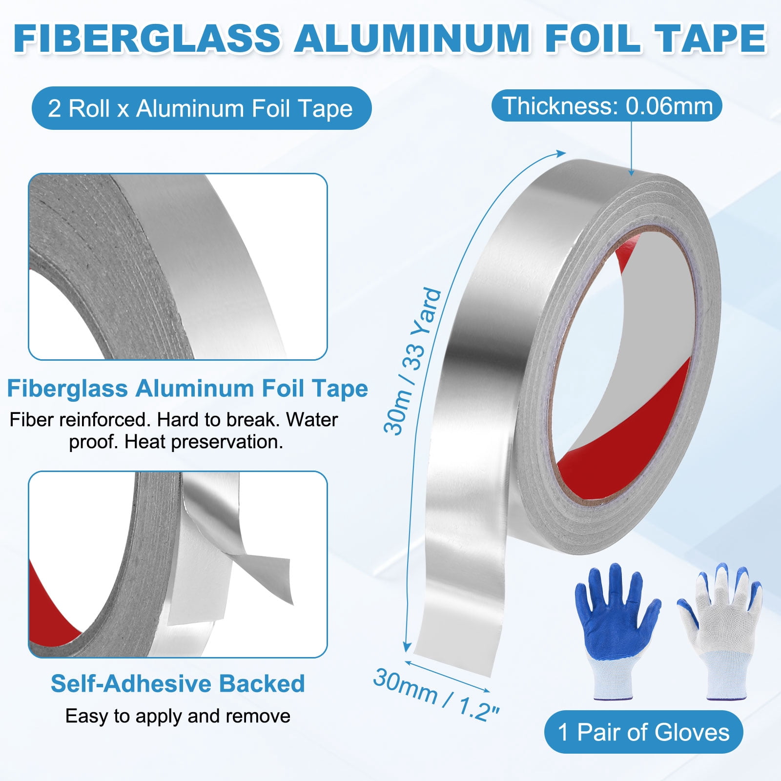 Uxcell 2 Pack Aluminum Foil Tape, 33 Ftx1.2inx2.4mil Heavy Duty HVAC Tape Metal Duct Tapes Heat Resistant Tape Insulation Tapes with Gloves for Air Ductwork, Dryer Vent, HVAC Sealing