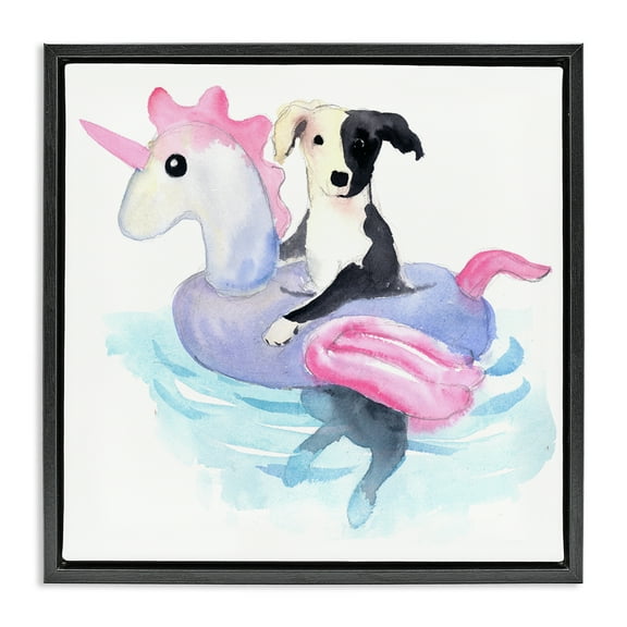 Stupell Industries Sandy Dog Pool Float Animals Painting Black Floater Framed Canvas Art Print Wall Art, 18 x 18