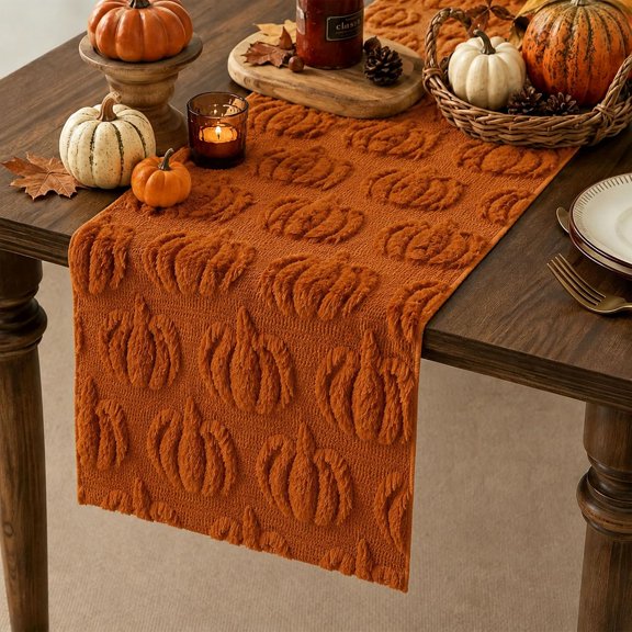 Fall Table Runner, Plush Faux Fur Jacquard Rust Pumpkin Table Runner for Thanksgiving Autumn Decor