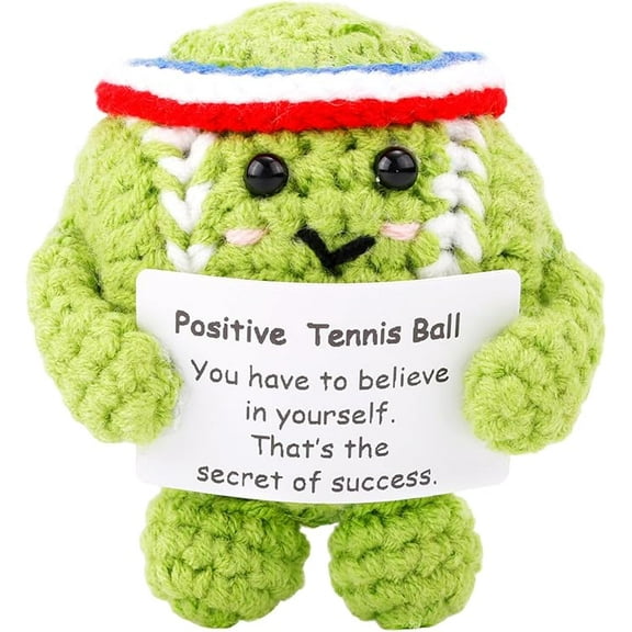 Handmade Positive Tennis Ball, Cute Funny Crochet Inspirational Tennis Ball Positive Knitted Animal Doll Crochet Toy with Positive Card for Sports Lover Friends Party Decorations